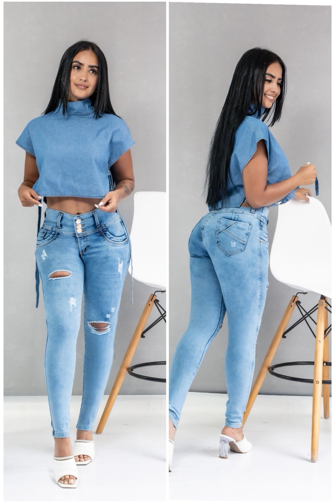 Jean 3 Botones Tiro Alto Claro Con Rotos